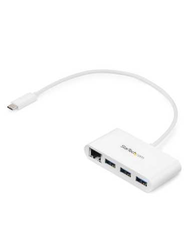 StarTech.com Concentrador USB 3.0 (5Gbps) de 3 Puertos con USB-C y Ethernet Gigabit - Hub Ladrón de USB Convencional - Blanco