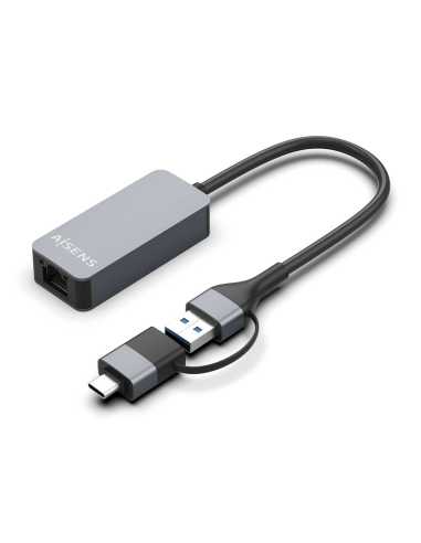 AISENS Conversor USB3.2 Gen1 USB-A+USB-C a Ethernet 2.5G 10 100 1000 2500 Mbps, Gris, 15cm
