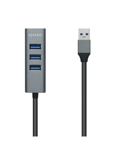 AISENS Hub USB3.0 Aluminio, Tipo A M - 4x Tipo A H, Negro, 10 cm