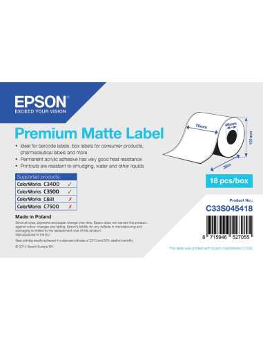 Epson Rollo continuo de Premium Matte Label, 76 mm x 35 m