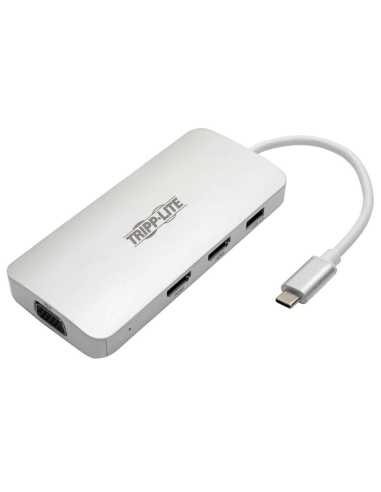 Tripp Lite Estación de Conexión USB-C, (x2) HDMI + VGA, Thunderbolt 3, USB-A, Carga PD – 1080p @ 60 Hz, Plata